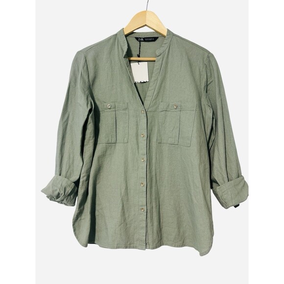 NEW Zara 100% Linen Shirt Womens Small Button Front V Neck Rollup Sleeves Green - Picture 1 of 5